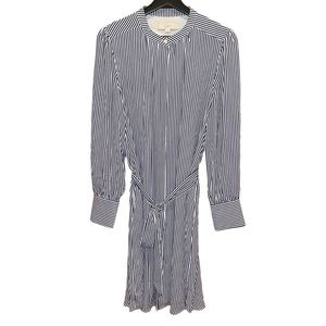 Loft Button‎ Front Midi Dress Size M Navy White Striped Belt Pockets Lined